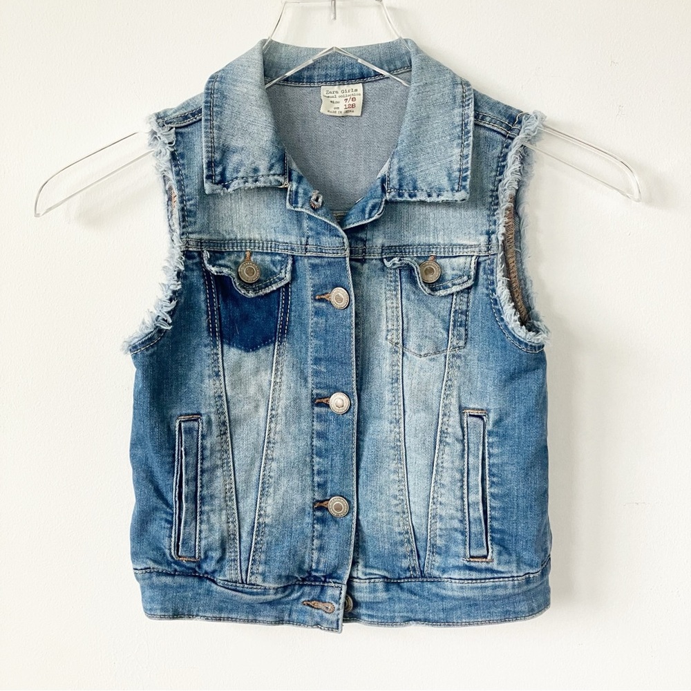 Zara Girls 7/8 Jean Vest Blue Denim Pockets Cut Off Raw Distressed Casual
